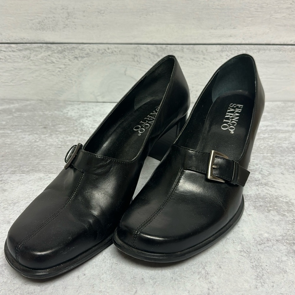 Franco Sarto Black Leather Chunky Heel Buckle Shoes  W 9 1/2